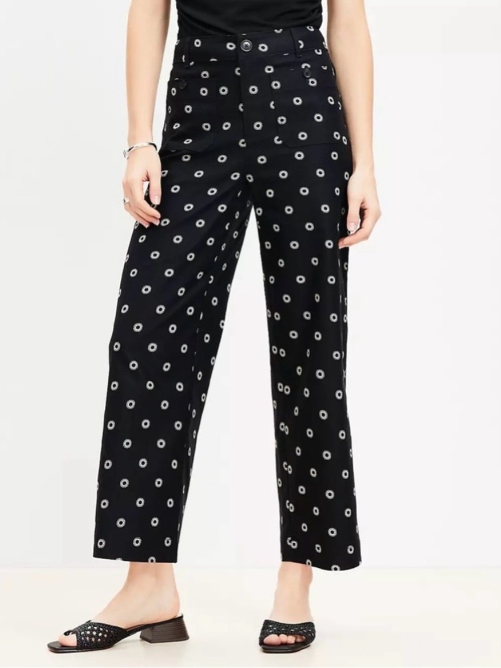 LOFT The Palmer Wide Leg Cropped Linen Cotton Blend Black Dotted Pants 10